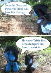 Size: 864x1231 | Tagged: safe, artist:eratosofcyrene, trixie, changeling, pony, unicorn, g4, 2 panel comic, ask, askplushderpy, clothes, comic, forest, horn, irl, nature, outdoors, photo, plushie, speech bubble, tree