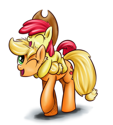 Size: 700x774 | Tagged: safe, artist:xioade, apple bloom, applejack, earth pony, pony, g4, accessory swap, apple bloom riding applejack, apple sisters, female, filly, foal, mare, ponies riding ponies, riding, siblings, simple background, sisters, white background