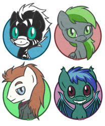 Size: 1029x1234 | Tagged: safe, artist:prettykitty, oc, oc only, oc:araxnus, oc:forest rain, oc:starlight, oc:zeta prime, bat pony, pegasus, pony, zebra, clothes, coat, fangs, female, male, mare, necktie, stallion