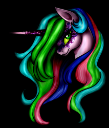 Size: 2987x3500 | Tagged: safe, artist:rex42, artist:valkyrie-girl, princess celestia, g4, bust, colored, corrupted, corrupted celestia, dark magic, female, magic, solo, sombra eyes