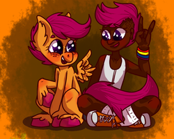 Size: 1000x800 | Tagged: safe, artist:coppahhead, scootaloo, human, pegasus, ask ftm scootaloo, g4, breast binding, clothes, dark skin, human ponidox, humanized, looking at each other, looking at someone, male, sitting, socks, trans male, trans stallion scootaloo, transgender, wing hands