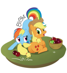 Size: 918x1002 | Tagged: dead source, safe, artist:8li9ht, applejack, rainbow dash, pony, g4, apple, biting, butt, duo, female, lesbian, looking back, lying, lying down, mare, open mouth, plot, ship:appledash, simple background, smiling, tail bite, teasing, transparent background