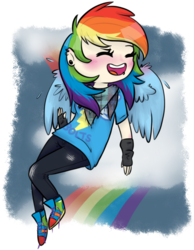 Size: 490x633 | Tagged: safe, artist:soullessteddybear, rainbow dash, human, g4, bandana, clothes, female, fingerless gloves, flying, gloves, humanized, light skin, piercing, shirt, solo