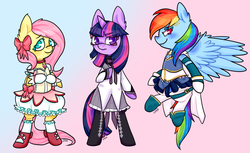 Size: 1200x735 | Tagged: safe, artist:soullessteddybear, fluttershy, rainbow dash, twilight sparkle, pony, g4, anime, bipedal, clothes, cosplay, puella magi madoka magica