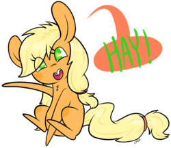 Size: 613x533 | Tagged: safe, artist:soullessteddybear, applejack, g4, bucktooth, female, hay, simple background, sitting, solo