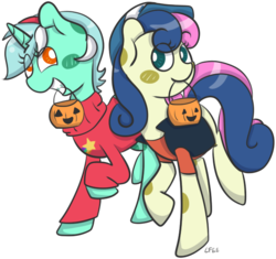 Size: 604x567 | Tagged: safe, artist:soullessteddybear, bon bon, lyra heartstrings, sweetie drops, g4, clothes, costume, crossover, gravity falls, halloween, male, nightmare night, pumpkin bucket, simple background, summerween, transparent background, trick or treat