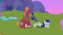 Size: 758x426 | Tagged: safe, screencap, big macintosh, bon bon, dizzy twister, lyra heartstrings, orange swirl, sweetie drops, twinkleshine, earth pony, pony, g4, lesson zero, male, out of context, stallion, tail bite