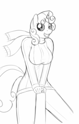 Size: 511x800 | Tagged: safe, artist:devs-iratvs, sweetie belle, anthro, g4, breasts, busty sweetie belle, clothes, female, monochrome, older, scarf, sketch, solo, sweater