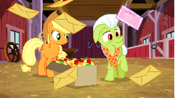 Size: 853x480 | Tagged: safe, screencap, apple bloom, applejack, granny smith, pony, apple family reunion, g4, adorabloom, animated, cute, female, hopping, pronking