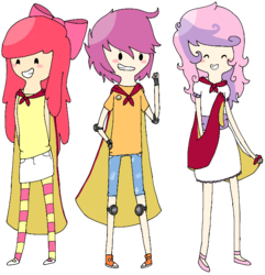 Size: 633x656 | Tagged: safe, artist:soullessteddybear, apple bloom, scootaloo, sweetie belle, human, g4, adventure time, crossover, cutie mark crusaders, humanized, light skin, male, style emulation