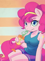 Size: 600x800 | Tagged: safe, artist:badtyke, pinkie pie, anthro, g4, clothes, drink, female, glass, lemonade, sexy, shorts, sitting, solo, straw, sweat, tank top