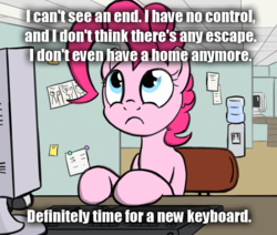 Size: 650x550 | Tagged: safe, artist:flavinbagel, pinkie pie, earth pony, pony, g4, bait and switch, broken keyboard, computer, female, inverted mouth, meme, office, office pinkie, pun, solo