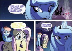 Size: 534x380 | Tagged: safe, artist:amy mebberson, edit, idw, fluttershy, princess luna, rainbow dash, pegasus, pony, g4, comic, female, mare, ponies eating meat, text edit