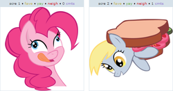 Size: 519x272 | Tagged: safe, derpy hooves, pinkie pie, pegasus, pony, g4, exploitable meme, female, implied cannibalism, juxtaposition, juxtaposition win, mare, meme, sandwich, tongue out