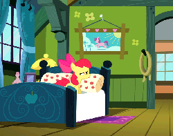 Size: 685x540 | Tagged: safe, screencap, apple bloom, earth pony, pony, apple family reunion, g4, season 3, animated, bed, faceplant, fail, female, filly, foal, gif, solo