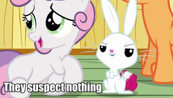 Size: 960x540 | Tagged: safe, angel bunny, scootaloo, sweetie belle, g4, caption, part of scootaloo