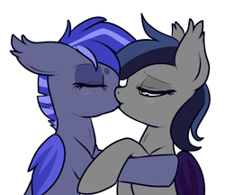 Size: 519x449 | Tagged: safe, artist:lulubell, oc, oc only, oc:echo, oc:night watch, bat pony, pony, female, kissing, lesbian, oc x oc, shipping, simple background, white background