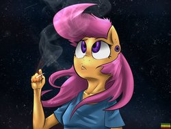 Size: 1024x768 | Tagged: safe, artist:mcnims, scootaloo, anthro, g4, marijuana, space