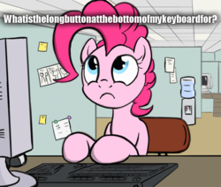 Size: 650x550 | Tagged: safe, artist:flavinbagel, pinkie pie, earth pony, pony, computer, female, hooves on the table, keyboard, looking up, meme, office, office pinkie, solo