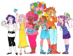 Size: 1020x784 | Tagged: safe, artist:brensey, applejack, fluttershy, pinkie pie, rainbow dash, rarity, spike, tank, twilight sparkle, human, g4, belly button, clothes, dark skin, humanized, light skin, mane seven, mane six, midriff, moderate dark skin, skirt