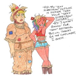 Size: 619x622 | Tagged: safe, artist:brensey, applejack, rainbow dash, human, g4, applejack is not amused, armpits, humanized, light skin, moderate dark skin, scarecrow, showing off, unamused