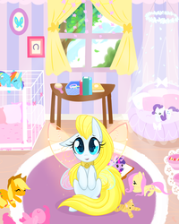 Size: 2500x3125 | Tagged: dead source, safe, artist:meekcheep, applejack, fluttershy, pinkie pie, rainbow dash, rarity, twilight sparkle, oc, oc:sunbasker, cat, flutter pony, pony, g4, book, brush, collar, cushion, cute, doll, mane six, pet play, plushie, pony pet, rug, solo, table, toy, tree, window