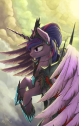 Size: 1000x1600 | Tagged: safe, artist:1jaz, twilight sparkle, alicorn, pony, g4, armor, armored pony, cloud, cloudy, corrupted, corrupted twilight sparkle, detailed, feathered wings, female, implied king sombra, mare, solo, sombratic, twilight sparkle (alicorn), tyrant sparkle, wings