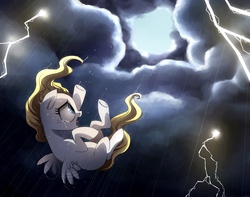 Size: 1080x850 | Tagged: safe, artist:ruhje, oc, oc only, oc:cobalt tangle, cloud, cloudy, crying, falling, female, filly, lightning, rain, solo, storm