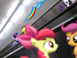 Size: 3264x2448 | Tagged: safe, artist:ojhat, apple bloom, applejack, rainbow dash, rarity, scootaloo, spike, sweetie belle, twilight sparkle, g4, book, cutie mark crusaders, escalator, irl, lights, photo, ponies in real life, vector