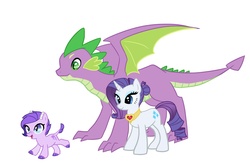 Size: 4500x3000 | Tagged: dead source, safe, artist:kianamai, rarity, spike, oc, oc:crystal clarity, dracony, dragon, pony, unicorn, kilalaverse, g4, female, fire ruby, hair bun, interspecies offspring, male, mare, next generation, offspring, older, older spike, parent:rarity, parent:spike, parents:sparity, quadrupedal spike, ship:sparity, shipping, simple background, straight, trio, white background, winged spike, wings