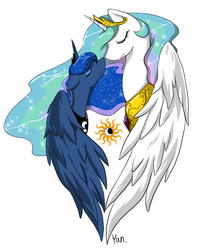 Size: 790x1000 | Tagged: safe, artist:yoonny92, princess celestia, princess luna, g4, bust, cute, eyes closed, floppy ears, nuzzling, simple background, smiling, spread wings