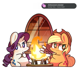 Size: 1080x960 | Tagged: safe, artist:php56, applejack, rarity, earth pony, pony, unicorn, g4, look before you sleep, achievement, achievement unlocked, applejack's special marshmallows, chibi, chubby, cute, female, fire, fireplace, frown, glare, hoof hold, looking at you, looking away, mare, marshmallow, meme, rain, rarity using marshmallows, roasting, s'mores, scene interpretation, simple background, toasted marshmallow, toasting, white background, window, xbox 360