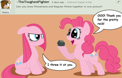 Size: 2022x1296 | Tagged: safe, artist:pupster0071, pinkie pie, earth pony, pony, g4, dialogue, duality, female, making fiends, mare, orange background, pinkamena diane pie, rock, self ponidox, simple background