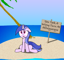 Size: 597x561 | Tagged: safe, artist:lifesharbinger, sea swirl, seafoam, pony, unicorn, g4, female, island, looney tunes, mare, ocean, sign, solo, text