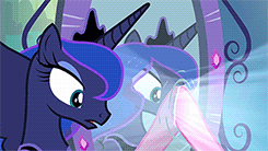Size: 245x138 | Tagged: safe, screencap, pinkie pie, princess luna, alicorn, equestria girls, g4, my little pony equestria girls, animated, cropped, female, frown, gif, gif for breezies, luna is not amused, magic, magic mirror, mirror, picture for breezies, portal, telekinesis, unamused, wide eyes