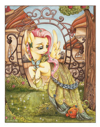 Size: 600x756 | Tagged: safe, artist:jessicakingstone, fluttershy, cat, g4, clothes, dress, female, gala dress, solo, traditional art