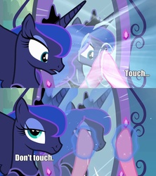 Size: 720x810 | Tagged: safe, edit, edited screencap, screencap, pinkie pie, princess luna, alicorn, earth pony, pony, equestria girls, g4, my little pony equestria girls, frown, i'm your biggest fanatic, looking at you, luna is not amused, magic, magic mirror, reference, spongebob reference, spongebob squarepants, telekinesis, unamused, wide eyes