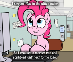 Size: 650x550 | Tagged: safe, artist:flavinbagel, pinkie pie, g4, computer, female, implied vulgar, meme, office, office pinkie, solo