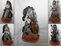 Size: 3968x2976 | Tagged: safe, artist:retardeddogproductns, octavia melody, earth pony, pony, g4, alternate hairstyle, bipedal, cello, clothes, curtains, female, musical instrument, sculpture, solo