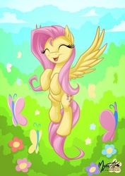 Size: 724x1023 | Tagged: safe, artist:mysticalpha, fluttershy, butterfly, g4, cute, female, happy, shyabetes, solo