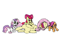 Size: 886x591 | Tagged: artist needed, safe, apple bloom, fluttershy, scootaloo, sweetie belle, g4, cutie mark crusaders, tickle torture, tickling