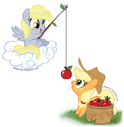 Size: 600x615 | Tagged: safe, artist:stepandy, applejack, derpy hooves, pegasus, pony, g4, apple, chibi, cloud, female, fishing, mare