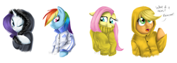 Size: 2980x1063 | Tagged: safe, artist:cat-cly, applejack, fluttershy, rainbow dash, rarity, g4, clothes, sweater, sweatershy