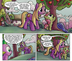Size: 611x516 | Tagged: safe, artist:agnesgarbowska, idw, official comic, garden glimmer, spike, sunny glaze, dragon, pony, unicorn, g4, spoiler:comic, apple, comic, female, filly, male, mare, tree
