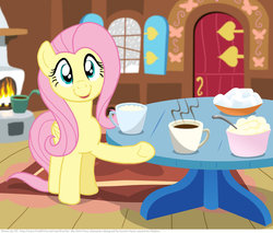 Size: 1024x872 | Tagged: safe, artist:kturtle, fluttershy, g4, female, food, hot chocolate, marshmallow, solo, table, whipped cream