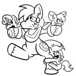 Size: 1280x1280 | Tagged: safe, artist:pembroke, apple bloom, big macintosh, scootaloo, sweetie belle, earth pony, pony, g4, 30 minute art challenge, cutie mark crusaders, male, monochrome, stallion