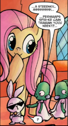 Size: 257x475 | Tagged: safe, artist:agnesgarbowska, idw, official comic, angel bunny, fluttershy, dragon, pony, rabbit, g4, micro-series #9, my little pony micro-series, spoiler:comic, animal, cropped, cute, female, male, mare, pimp, sea beasts, shyabetes, speech bubble