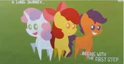 Size: 700x363 | Tagged: safe, artist:shinodage, apple bloom, scootaloo, sweetie belle, g4, cutie mark crusaders, photo, pointy ponies, street art, traditional art