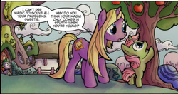 Size: 710x375 | Tagged: safe, artist:agnesgarbowska, idw, garden glimmer, spike, sunny glaze, dragon, pony, unicorn, g4, micro-series #9, my little pony micro-series, spoiler:comic, apple, apple tree, female, filly, foal, golden oaks library, magic, male, mare, mother, mother and daughter, tree