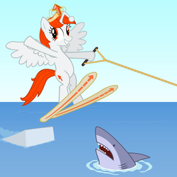 Size: 3000x3000 | Tagged: safe, artist:ohitison, oc, oc only, oc:karma, alicorn, pony, shark, bipedal, jump the shark, race swap, reddit, water skiing, waterskiing